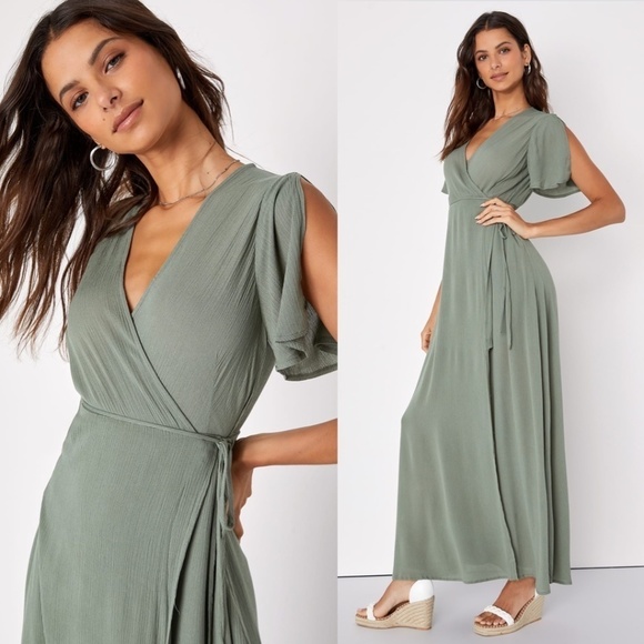 Much Obliged Washed Olive Green Wrap Maxi Dress sage floor length tulip sleeve - Picture 1 of 15